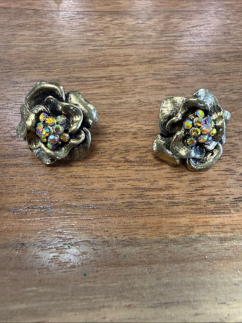 Gold-Tone Floral Stud Earrings with Aurora Crystal Centers